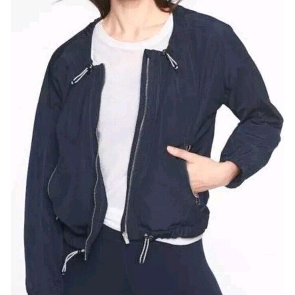 Athleta Womens Navy Blue Zip Front Drawstring Chill Bomber Jacket Size M - Picture 2 of 13